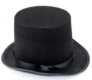 Detail of a black felt top hat featuring a smooth texture and satin decorative band