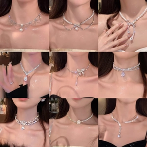 Bowknot Artificial Pearl Necklace Rhinestone Tassel Elegant Luxury Fashion Clavicle Chain Shimmering Alloy Jewelry For Women Party Wear