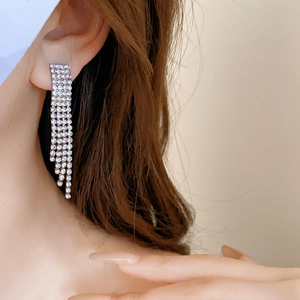 Close-up of elegant silver tassel earrings with crystals worn by a model