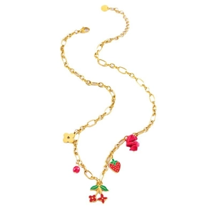 Golden link chain necklace with strawberry, floral charms and gemstones on white background