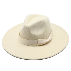 Classic wide brim wool felt jazz hat in cream white with decorative ribbon bow tie