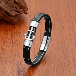 Vintage black braided leather anchor bracelet with silver magnetic metal clasp for men
