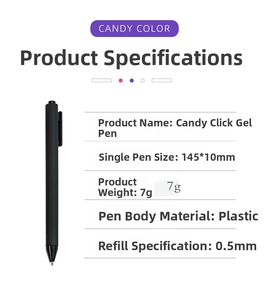 Specifications of candy color 0.5mm retractable gel pen with 145x10mm size and 7g weight