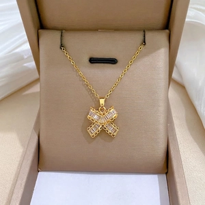 X-Shape Butterfly Pendant Necklace Gold Plated Stainless Steel And Copper With Baguette Zircon For Women