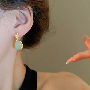 Classic Chinese style teal waterdrop resin earrings with golden flower accents and jade texture