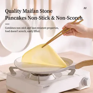 Non-stick maifan stone pancake pan with wood-textured handle for frying crepes and eggs