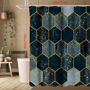 Tenda da doccia a esagoni marmo blu e oro, dettaglio con dimensioni 180x180cm in bagno