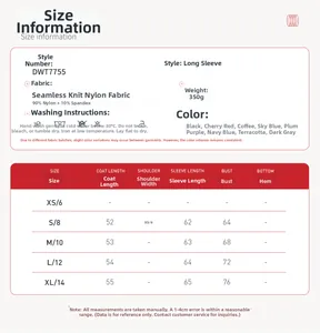 Detailed size chart for seamless long sleeve yoga set with material and color specifications