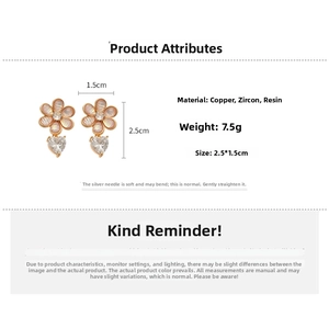 Detail showing resin flower earrings with heart pendant and zirconia dimensions