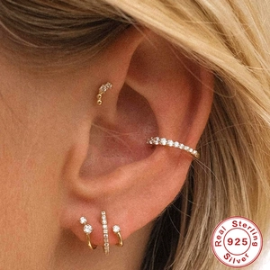 Classic S925 sterling silver gold-plated ear hoops and cuffs with sparkling zircon stones