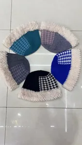 Winter houndstooth patchwork knitted bucket hats with faux fur trim in five colors