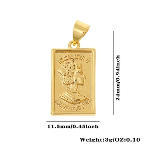 Macro detail of 18K gold plated Elizabeth II relief pendant with dimensions 24x11.5mm