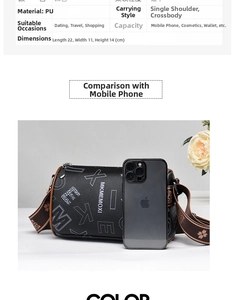 Detailed size chart showing 22x11x14cm dimensions of a black cylindrical crossbody bag