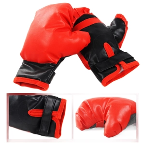 Adjustable kids boxing ball set with red and black padded gloves for fitness training