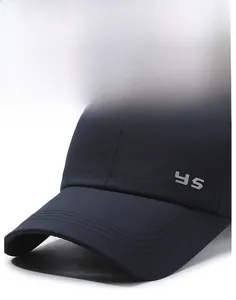 Detail shot of navy blue baseball cap showing six-panel design and embroidered ys logo