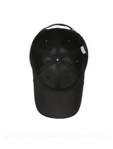 Detailed interior view of men's black baseball cap showing seams and care label
