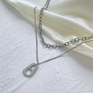 Collier géométrique argenté à double couche pour hommes, style hip-hop en acier inoxydable
