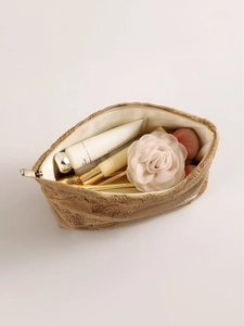 Floral embroidery cotton linen makeup bag with large capacity in khaki color