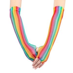 Detailed close-up of colorful rainbow mesh fingerless long gloves for festive parties