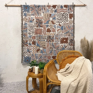 Bohemian woven cotton sofa blanket with sun pattern and fringe for camping and home decor