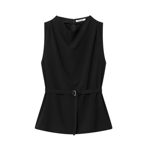 Women Sleeveless Top Polyester Solid Color With Belt High Neck Cowl Back Zipper Slim Fit Chic Blouse