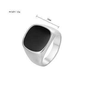 Detail view of 16mm square black enamel signet ring with 13g weight dimension