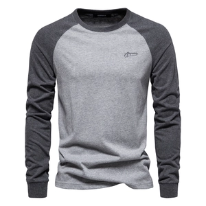 Detail of grey raglan sleeve stitching and AIOPESON embroidery on a cotton t-shirt