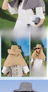 Detail of waterproof outdoor sun hat featuring large detachable neck protection flap