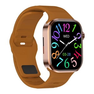 Smart watch with rose gold square case and brown silicone strap on white background