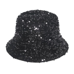Close-up of black sequined bucket hat showing reflective texture and metallic finish