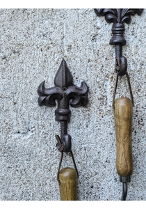 Close-up of vintage cast iron wall hook with fleur-de-lis motif on textured concrete