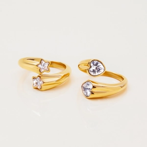 Gold plated stainless steel open ring with heart and star shaped cubic zirconia stones