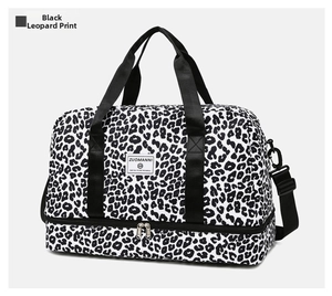 Vue détaillée du sac de yoga léopard imperméable avec compartiment à chaussures