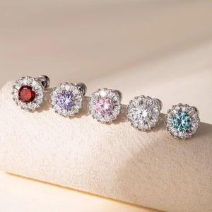 Floral titanium steel earrings with multi-color heart and arrow zircon stones