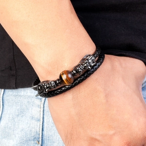 Men's double-layered braided leather bracelet with tiger eye bead and metal dragon heads