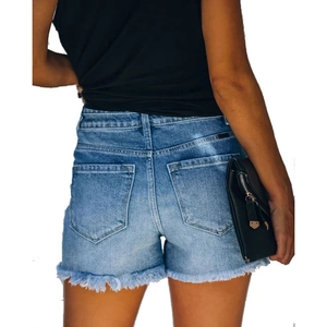 Short en jean bleu taille haute pour femme avec ourlet effiloché et poches arrière