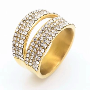 Exaggerated golden titanium steel double-row rhinestone geometric wide ring for women