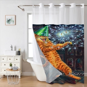 Detail showing orange cat New Year print on waterproof waffle shower curtain fabric