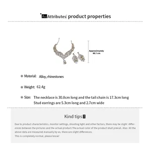 Detailed view of rhinestone teardrop necklace dimensions and matching earring specifications