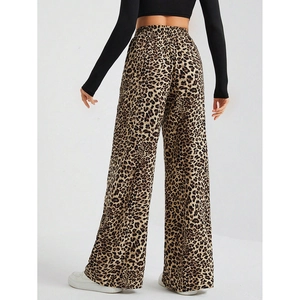 Rear view of fashion leopard print wide leg pants with comfortable elastic high waistband