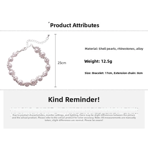 Detail of pink pearl bracelet with rhinestones, 17+8cm adjustable chain length