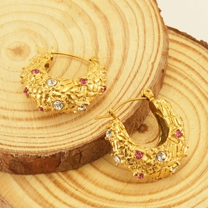 18K gold plated stainless steel chunky hoop earrings with woven texture and pink zircons