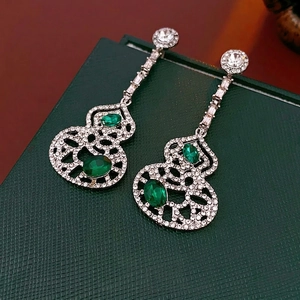 Hollow Gourd Dangle Earrings Green Gemstone Rhinestone Alloy Silver Earring Post Vintage Elegant Jewelry For Women