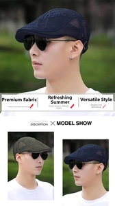 Detail of breathable mesh fabric and adjustable buckle on street style beret caps