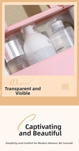 Pink waterproof cosmetic bag with transparent PVC window and portable handle detail