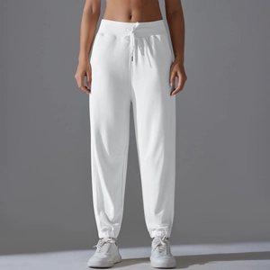 Pantalon de jogging blanc taille haute pour femme avec cordon de serrage pour le sport
