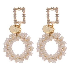 Elegant gold earrings with square crystal studs and round pearl cluster pendants