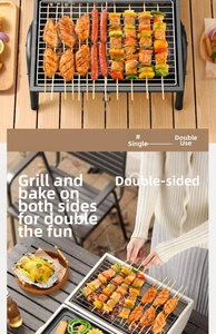Close-up of portable folding BBQ grill showing double-sided grilling of meat and vegetables