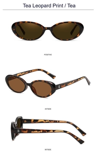 Three perspectives of retro oval tea leopard print sunglasses with UV protection lenses