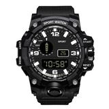 Detailed macro view of black sport watch dial with dual digital and analog time display